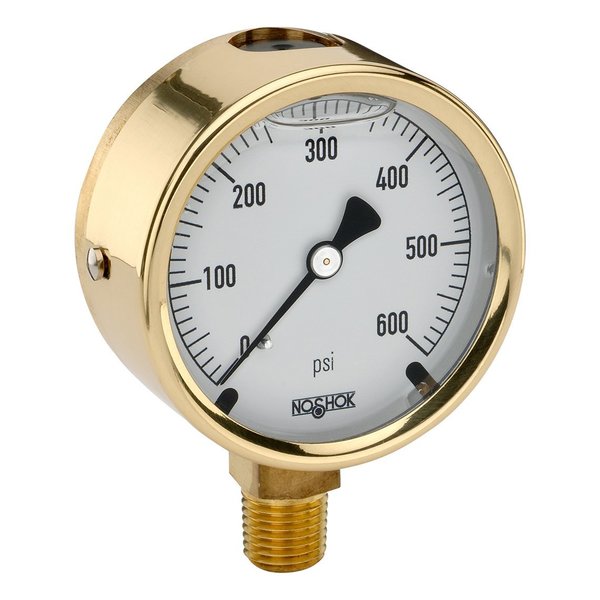 Noshok Pressure Gauge, 2.5" Brass Case, Copper Alloy Internals, 6000 psi, 1/4 NPT Male Bottom Conn, Glycerin Filled, 0.8mm Brass Threaded Orifice 25-300-6000-psi-BT8